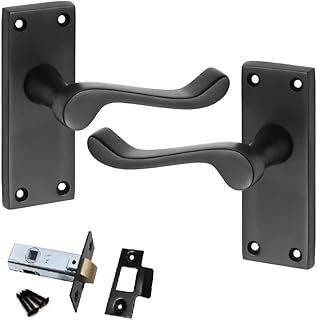 Golden Grace Premium Victorian Scroll Latch Door Handles with Latch Pack Set in Matt Black Finish, 1 Pack - 120mm x 40mm Backplate