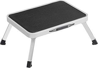 SONGMICS Step Ladder, Folding Step Stool, Steel, Meets EN 14183 Standard, Non-Slip Rubber Pad, for Bathroom, Kitchen, Load up to 150 kg, 37.5 x 26.5 x 17.5 cm, White GSL01WT