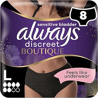 Always Discreet Boutique Underwear Incontinence Pants Plus L Black X 8, for Sensitive Bladder, Locks Away Odours, Wetness and Prevent Leaks