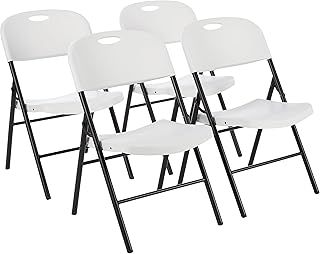 Amazon Basics Plastic & Metal Folding Chairs Set of 4, Camping Chairs, Kitchen Chairs, Indoor & Outdoor, White, up to 158 Kg