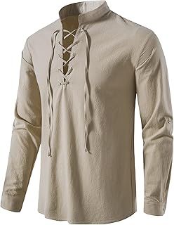 Men Cotton Lace Up Shirt Vintage Medieval Costume Scottish Jacobite Ghillie Kilt Pirate Shirts Tops
