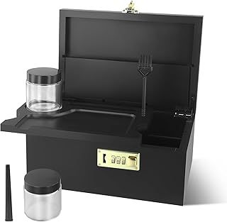 Large Bamboo Storage Box with Combination Lock, Wooden Decorative Box with Rolling Tray and 2 Glass Storage Jars Brush, Accessory Tools for Storing Items Home Great Gifts, Black