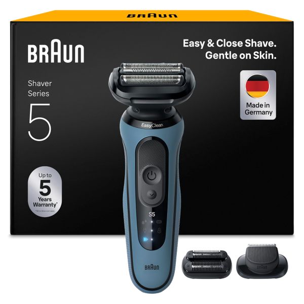 Braun Series 5 Electric Shaver, Up to 50 min, +2 Attachments, Cordless, Wet & Dry Razor for Men, 100 Percent Waterproof, 52-A1820SI, Azure