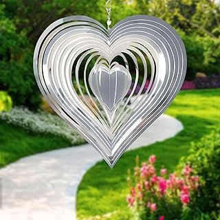 Wind Spinners Love Heart Stainless Steel Wind Spinners Indoor Outdoor Garden 3D Metal Hanging Wind Sculptures Metal Wind Sculptures & Spinners for Garden Yard Balcony Decor