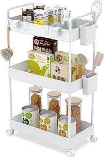 Ronlap Slim Storage Trolley, 3 Tier Rolling Cart Storage Organizer, Utility Rolling Cart with Handle Hanging Cups Dividers for Office Bathroom Kitchen Laundry Room Narrow Places, White