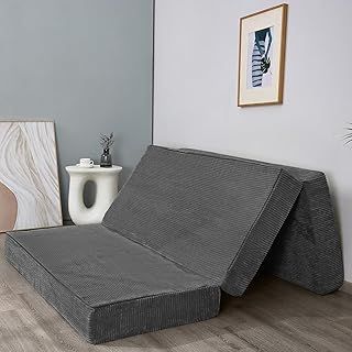 MAXYOYO Folding Corduroy Mattress, Tri Fold Floor Mattress 10cm thick with Washable Covers,Foldable in Three,Space-Saving for Guest (Charcoal, Double)