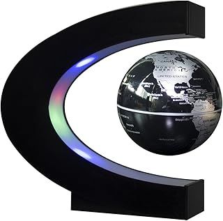 Floating Globe With LED Lights C Shape Magnetic Levitation Floating Globe World Map for Desk Decoration (Black-Silver)