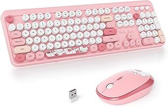 Wireless Keyboard and Mouse Combo,Retro Typewriter Keyboard,2.4GHz Colorful Round Keycap Computer Keyboard with Number Pad,104 Keys Full Size Ergonomic Keyboard(US Layout QWERTY)(Bear Pink)
