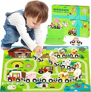Toys for 1 2 3 4 Year Old Boy Gifts: Toddler Toys Wooden Train Set for Boys Girls Age 2 3 4 5 Educational Montessori Toy Gift for Kids Farm Animals Track Mat Set Birthday Presents for Toddlers 1+
