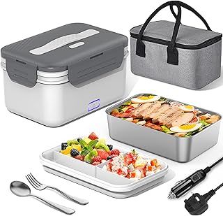 100W Electric Lunch Box Adults, 1.8L Thermal Lunch Box with Compartments for Fruits, Heated Lunchbox with 230V Home/Office & 12V 24V Car/Truck Cables, Insulated Lunch Bag, Spoon and Fork