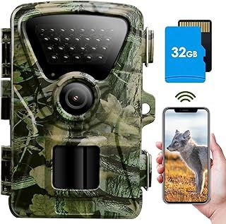 Wildlife Camera WiFi Bluetooth - 1440P 32MP Trail Camera with Night Vision Motion Activated Waterproof IP66, 0,2s Trigger Speed Trail Cam with 32GB SD Card No Glow 940nm LEDs for Animal Monitoring