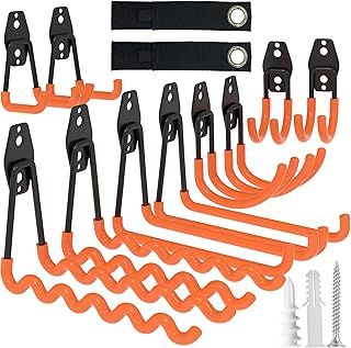 10 Pack Heavy Duty Garage Hooks with 2 Extension Cord Holder, Utility Steel Storage Hooks, Wall Mount Hooks & Tool Organiser Hanger, Hanging for Bike, Garden & Shed Tools, Ladder, Hose