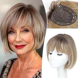 Dark Blonde with Dark Root Hair Topper, Hair Toppers for Women with Thinning Hair, Synthetic Wig Toppers for Thinning Hair Hair Pieces for Women Short Bob Hair Toppers with Bangs Side Part