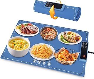 Silicone Food Warming Mat, Electric Silicone Warming Tray with 6 Temperature 5 Timer & Safety Lock, Rollable & Portable Food Warmer Mat for Kitchen Buffet Server Heating Tray, 65 x 38 x 2cm (Blue)
