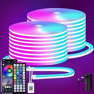 segrass 30M RGB LED neon Rope Lights LED neon Lights with Remote/APP Control 24V IP65 Waterproof Flexible Neon LED Strip Lights for Bedroom Room Outdoors Decor（2 Rolls of 15M）