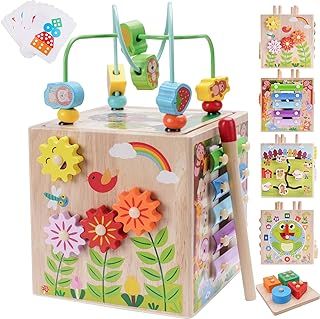 Wooden Activity Cube | Montessori Toys for 12+ Months Toddlers | One Year Old 1st First Birthday Gift | Educational Learning Toys for Baby Boys Girls Age 1 2 3 | Bonus Sorting & Stacking Game (Blue)