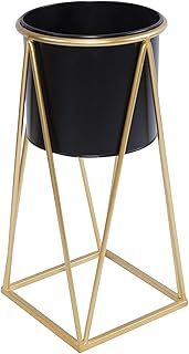 green leaves Metal Planter Stand with Plant Pot Flower Pot for Indoor Balcony Flower Rack (Black, Medium)