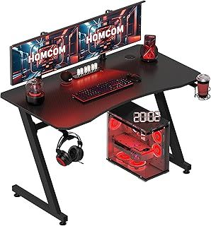 HOMCOM Gaming Desk 120 x 65 cm Steel Frame with Cup Holder, Headphone Hook, Adjustable Feet and Cable Organiser, Home Office Computer Table, Black