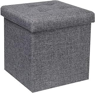 Grey Folding Linen Fabric Ottoman Storage Boxes with Lids,Cube Small Footstool Seat Reat Toy Box Storage Chest for Living Room 32x32x32cm
