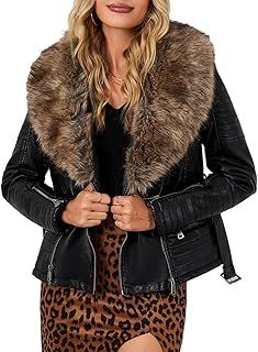 BELLIVERA Women Faux Suede Leather Jacket Motorcycle Biker Sherpa-Lined Coat with Detachable Fur Collar