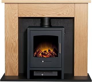 Chester Stove Fireplace in Oak & Black with Bergen Electric Stove in Charcoal Grey, 39 Inch