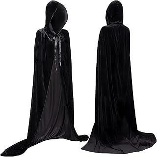 Halloween Hooded Black Cape, Long Velvet Cape Unisex Black Cloak For Adults Kids Female Halloween Costumes for Halloween Carnival Witch Vampire Masquerade Cosplay Party (L, Black)