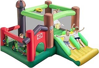 COSTWAY Kids Bounce Castle, Inflatable Trampoline Bouncy House with Dual Slides, Ball Pit, Basketball Hoop and Pitching Game, Blow up Jumper for Indoor Backyard Playground (without Blower)