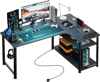L Shaped Gaming Desk 110x80CM with Power Outlets Corner Computer Desk with Shelves Headphone Hook PC Table Workstation for Home Office Bedroom (Black, 110CM)