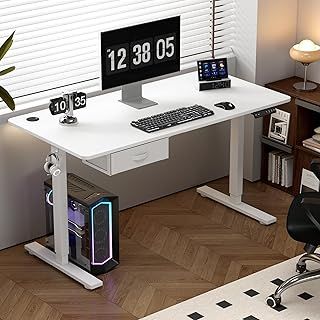 Electric Standing Desk, Sit Stand Table, Height Adjustable Electric Standing Computer Desk with USB Charging Port and Desk Drawer for Home Office(120 X 60 cm, White)-Easton