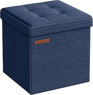 SONGMICS Storage Ottoman, Foldable Small Ottoman Foot Rest, 30 x 30 cm Foot Stool, Ottoman with Storage, Load up to 130 kg, for Living Room, Bedroom, Dorm, Midnight Blue LSF028Q52
