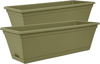 simpa Plastic Rosewood Trough Garden Planter Pot 50cm Length with Detachable Drainage Tray - Set of 2
