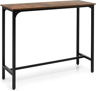 COSTWAY Rectangular Bar Table, 120cm Counter Breakfast Dining High Tables with Footrest and Adjustable Footpads, Metal Frame Pub Coffee Desk for Small Space Kitchen Living Room (Rustic Brown)