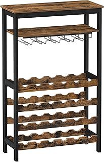 SONGMICS 24-Bottle Wine Rack Free Standing Floor, Display Wine Storage Shelves with Glass Holder Rack, Wobble-Free Bottle Holder for Kitchen Bar Dining Room, Rustic Brown and Black KWR028B01