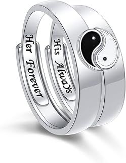 Flyow S925 Sterling Silver Couple Rings Set Adjustable Matching Yin Yang Tai Chi Rings Engagement Promise Anniversary Birthday Jewelry Gift for Wife Husband Boyfriend Girlfriend