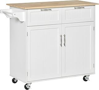HOMCOM Modern Rolling Kitchen Island Storage Cart Utility Trolley with Rubberwood Top Two Drawers-White