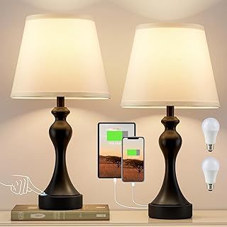 Aooshine Table Lamps for Living Room, Large Metal Bedside Lamp for Bedroom with USB A+C Ports, 3 Way Dimmable Bedside Lamps Set of 2, Modern Touch Beside Table Lamp with White Shade(Bulbs Included)