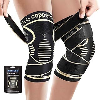 Lexniush Copper Knee Support for Women/Men - Adjustable Knee Brace with Strap for Knee Pain Relief, Ligament Damage, ACL, MCL - Knee Compression Sleeve for Running, Sports