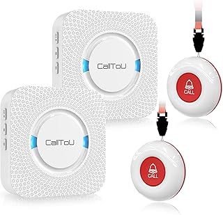 CallToU Wireless Caregiver Pager Smart Call System 2 SOS Call Buttons/Transmitters 2 Receivers Nurse Calling Alert Patient Help System for Home/Personal Attention Pager 500+Feet Plugin Receiver