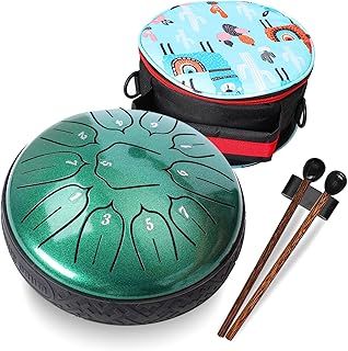 Javik Steel Tongue Drum 11 Notes 6 Inch - D Major Hand Pan Steel Drums Musical Instruments - Metal Meditation Drum Percussion with Bag Music Book Mallets for Adults Beginner(Green)