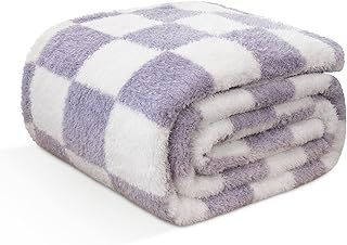EMME Fleece Blanket Throw Blanket, Sherpa Fluffy Flannel Blanket, Checkered Blankets, Soft Warm Cozy Throw Blankets for Bed, Couch, Sofa, Armchairs, Picnic, Purple, 130 x 150cm