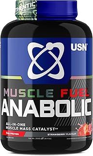 USN Muscle Fuel Anabolic All-In-One Muscle Mass Gainer, Strawberry Flavour - 2kg, 54g Protein Powder, 5g Creatine Powder & 5g BCAA Powder For Maximum Muscle Growth, Post Workout Recovery Drink Mix