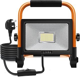 Linke 60W LED Work Light 5200LM Job Site Portable Plug-in Floodlight Super Bright Construction Lights IP66 Waterproof Outdoor Mains Powered 6500K Cold White for Workshop Garage Garden