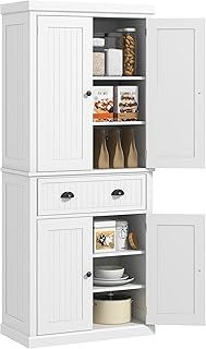 HOMCOM 183cm Freestanding Kitchen Cupboard, Tall Storage Cabinet with 4 Doors and 3 Adjustable Shelves, Traditional Kitchen Pantry Cupboard for Dining Room, White