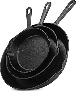 Pre-Seasoned Cast Iron Skillet Frying Pans Oven Safe Cookware for Indoor & Outdoor Use - Grill, StoveTop, Black (3-Piece Chef Set 6-Inch 15cm, 8-Inch 20cm, 10-Inch 25cm)