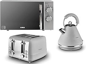 Tower Ash Grey 1.7L 3KW Pyramid Kettle, 4 Slice Toaster & Infinity Silver 800W 20L Microwave. Contemporary Matching Kettle, Toaster & Microwave Set
