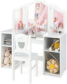 COSTWAY Kids Vanity Table and Stool Set, Princess Makeup Dressing Tables with Tri-Folding Detachable Mirror, 4 Storage Shelves, Wooden Children Study Desk for Playroom Bedroom (White)