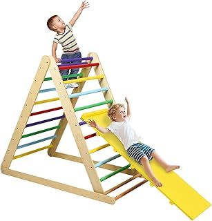 2 in 1 Kids Climbing Ladder, Wooden Children Climber with Removable Ramp, Indoor Folding Toddler Gym Activity Center for Climbing, Sliding (Colorful)