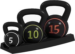 Set 3 Kettlebell Set Weights with Storage Stand for Home Gym Weight Lifting Training, 5lbs, 10lbs, 15lbs (2.2kg, 4.5kg, 6.8kg)