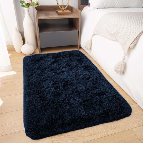 BedLooms Rugs Living Room Small 50x80 cm – Navy Area Rugs for Bedroom Anti Slip – Modern Super Soft Plush Carpets Fluffy Shaggy Rug for Entryway – Non Shedding Bedside Rug for Kids Room