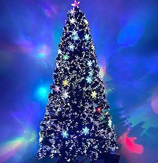 6ft Fiber Optic Artificial Christmas Tree, with Transparent Snowflakes, Pre-Lit Green Xmas Tree with Blossom Effects, Top Star and Metal Stand (6FT/180CM, Type 1)
